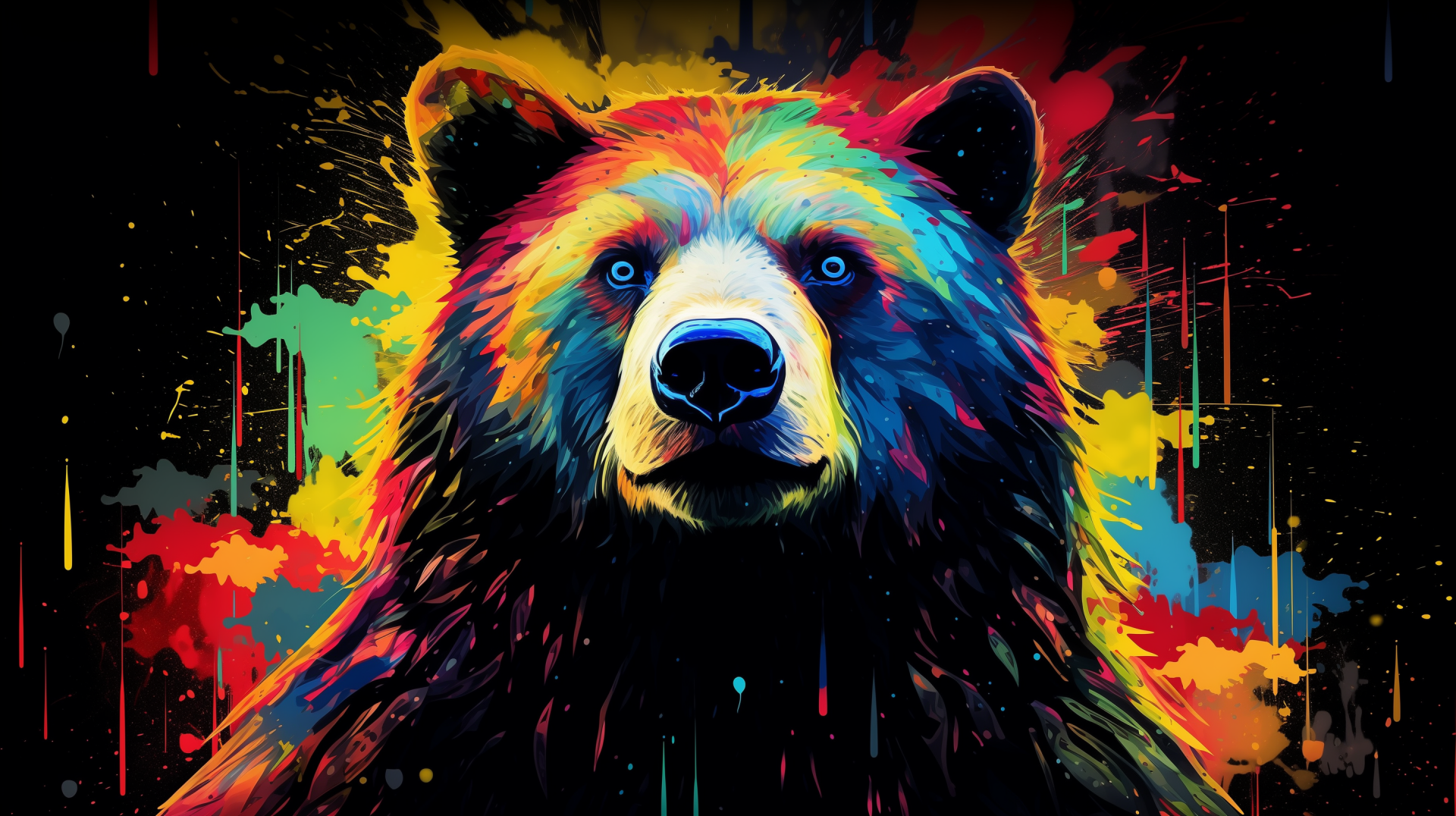 A vibrant, colorful bear portrait stands against a dynamic splash of paint, creating a striking HD desktop wallpaper and background.