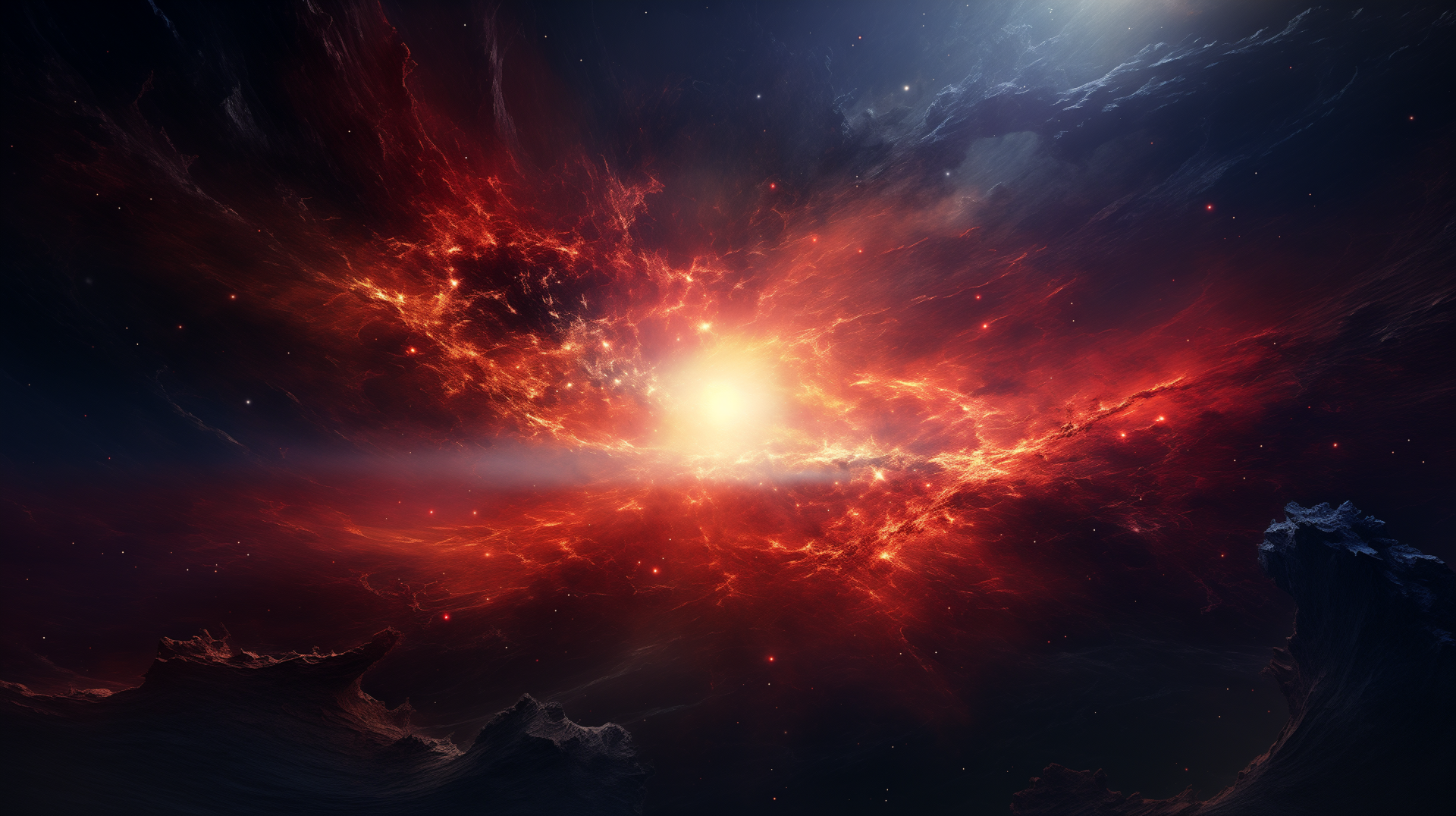 HD desktop wallpaper featuring a vivid depiction of a supernova explosion with radiant red and orange hues against a starry sky.
