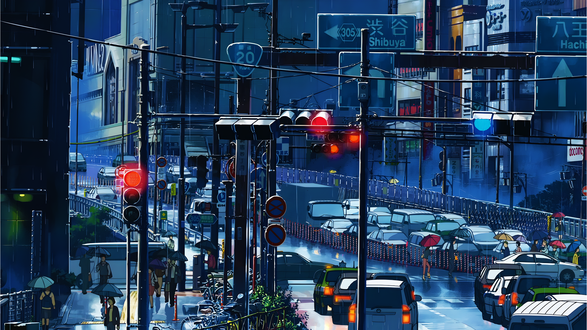 4K Ultra HD anime desktop wallpaper from The Garden of Words featuring a rainy night scene of bustling Shibuya streets illuminated by traffic lights and city signs.