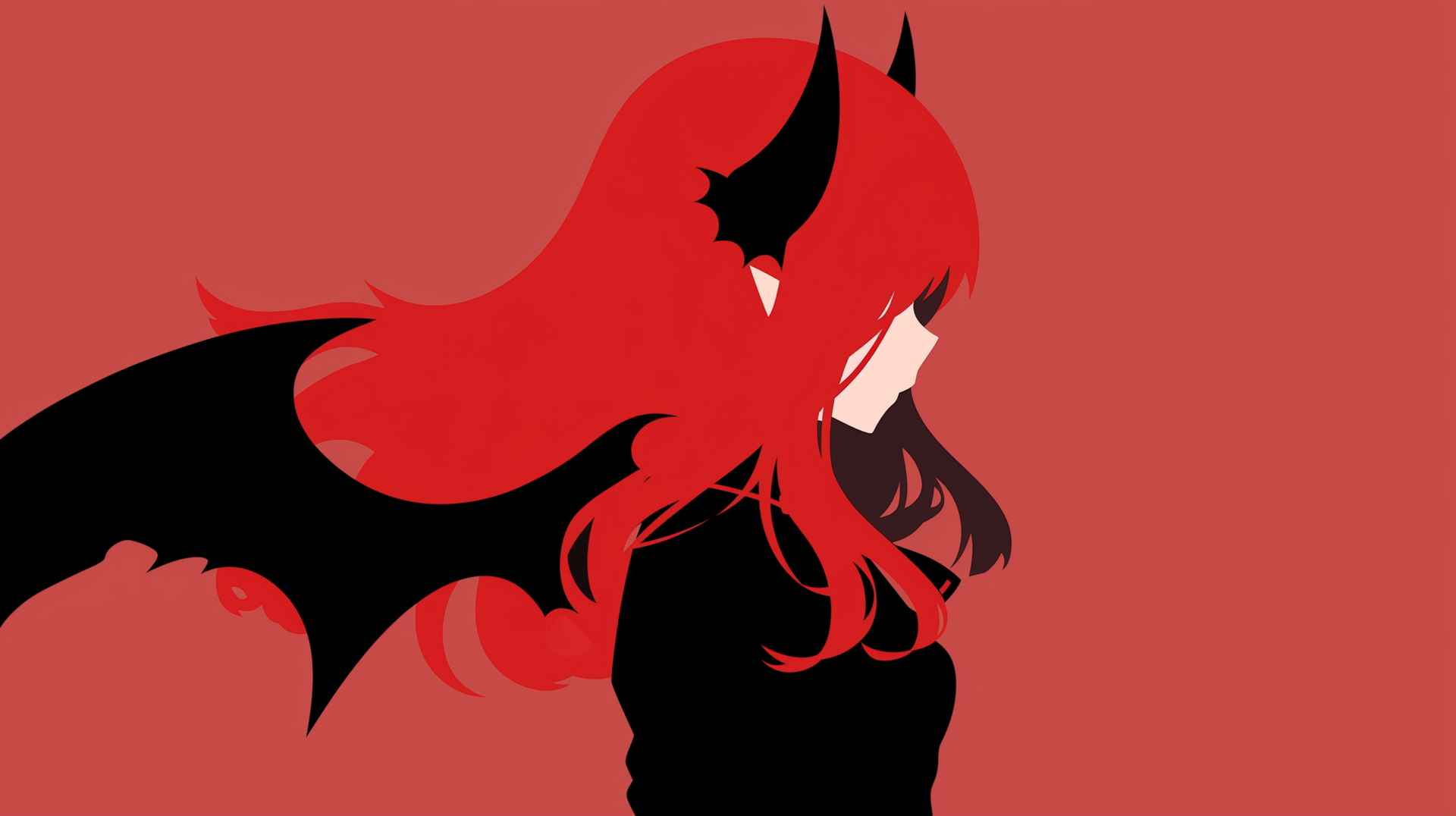 HD desktop wallpaper featuring a stylized silhouette of Koakuma from Touhou against a red background.