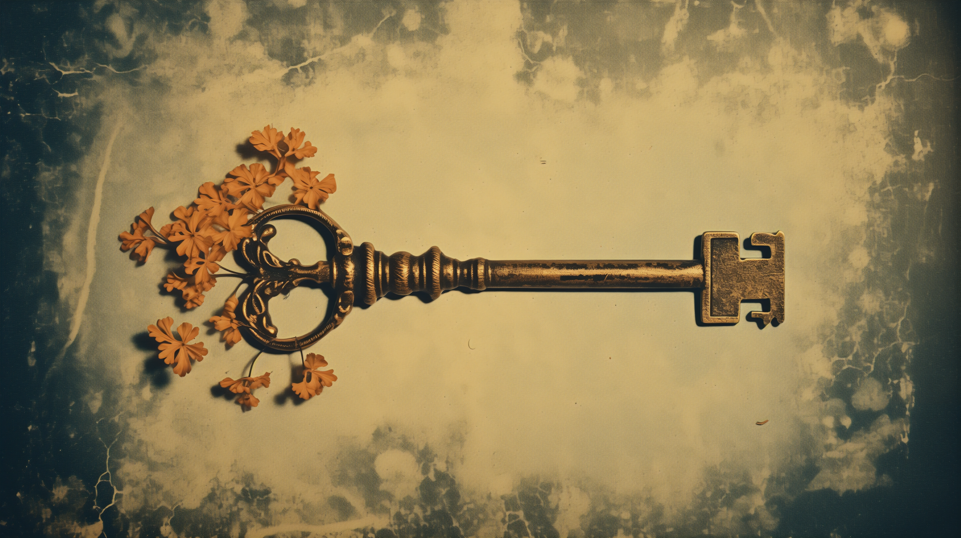 Vintage key with floral design on textured background HD desktop wallpaper.