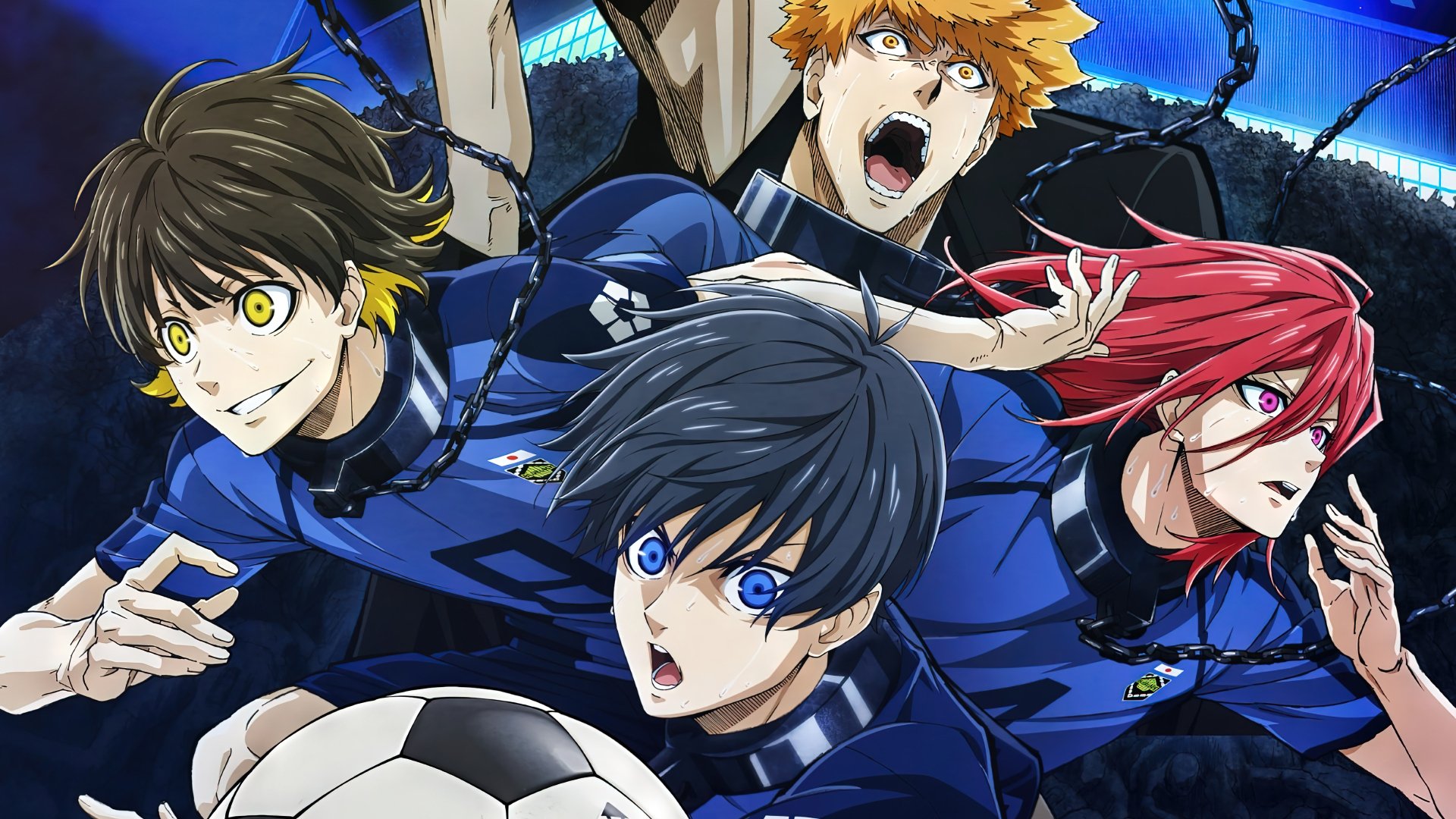 HD wallpaper featuring Isagi Yoichi, Bachira Meguru, and Hyoma Chigiri from the anime Blue Lock, showcasing their dynamic energy and competitive spirit on the soccer field.