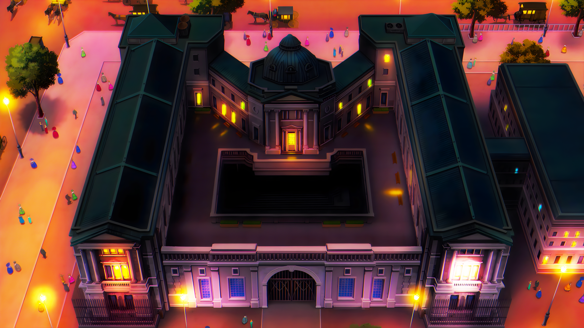 8K Ultra HD anime wallpaper from The Eminence in Shadow featuring an illuminated, symmetrical mansion at night with small figures around it.