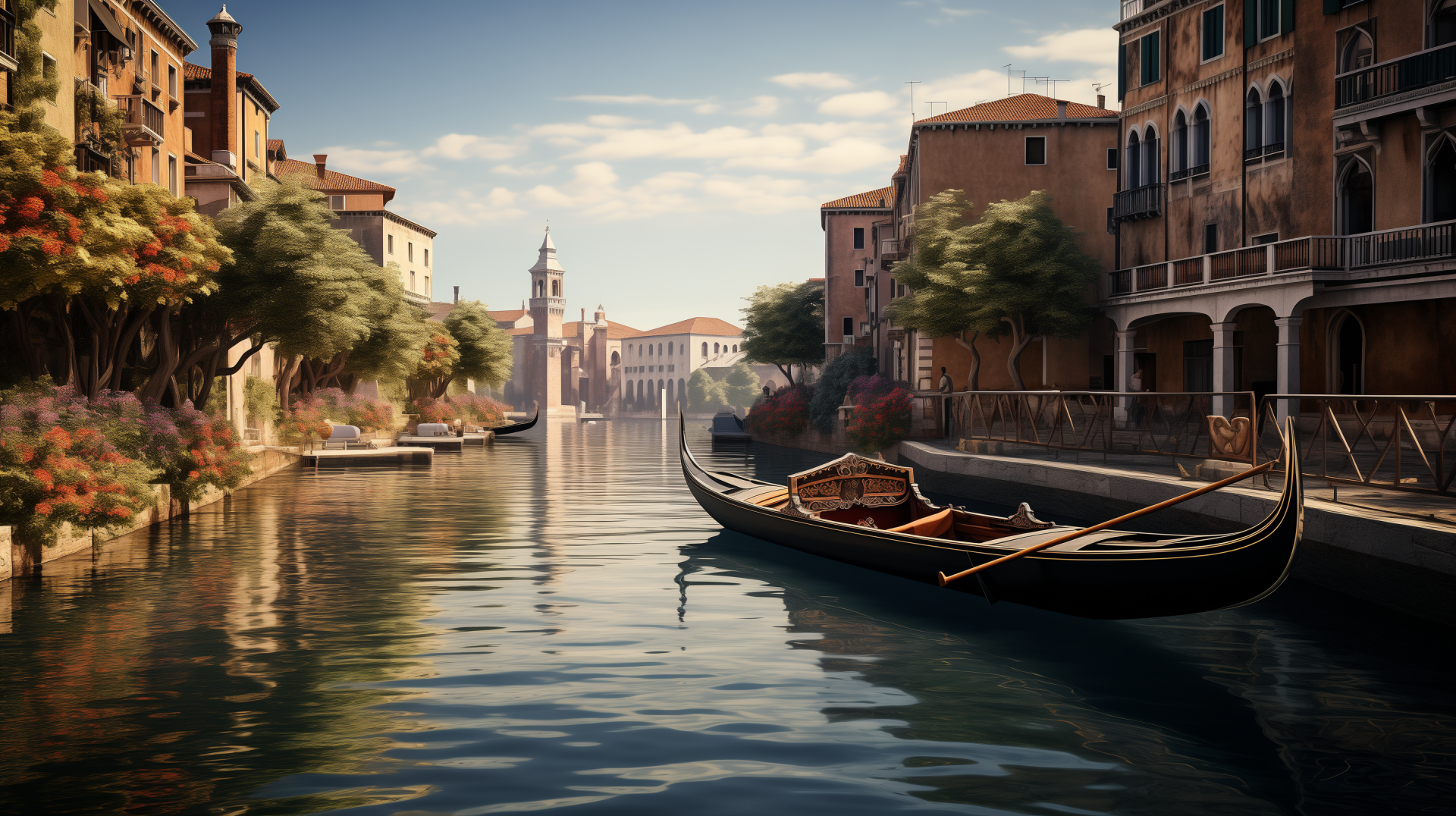HD wallpaper featuring a serene river scene with a gondola moored along the bank, surrounded by elegant historical buildings.