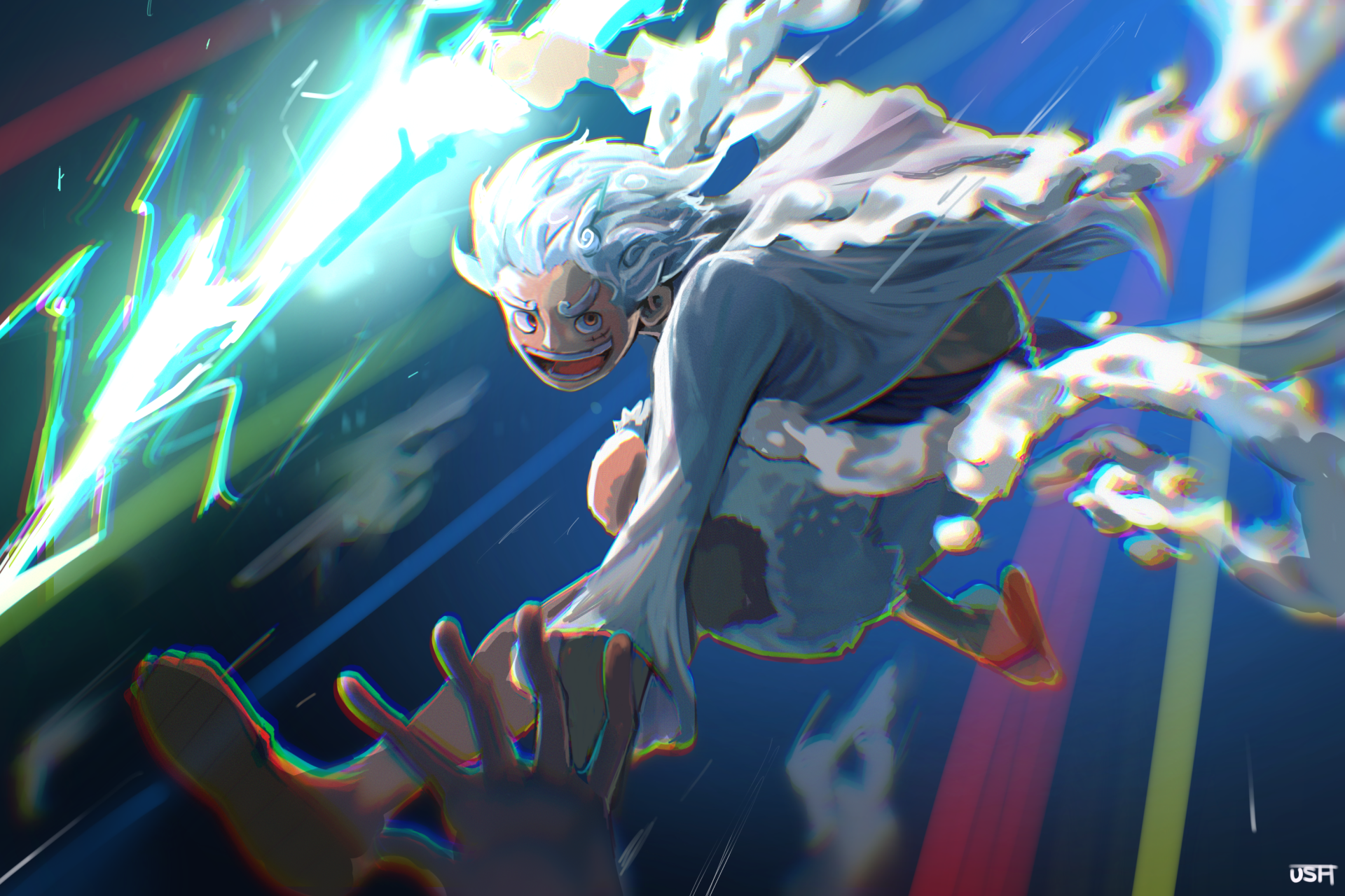 HD PC desktop wallpaper featuring Monkey D. Luffy in Gear 5 from the anime One Piece, depicted with dynamic motion and vibrant energy effects.