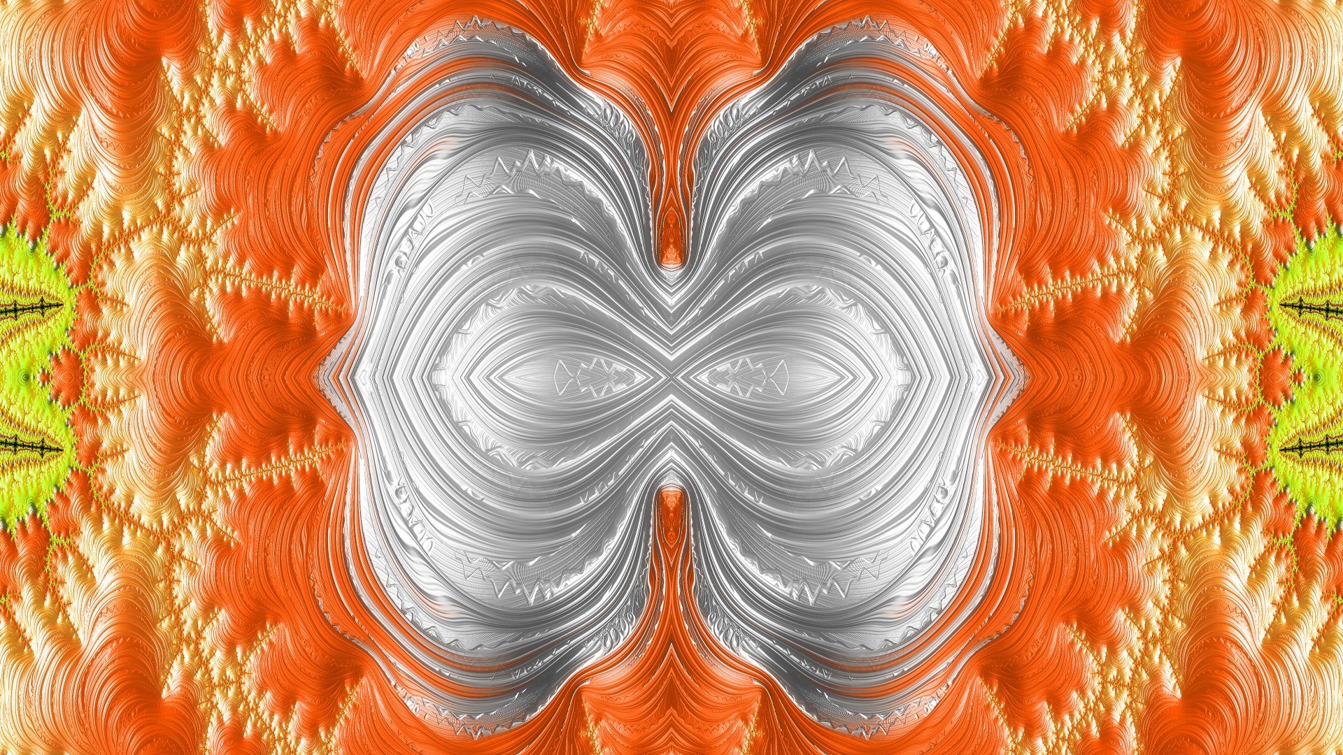 A 4K Ultra HD trippy psychedelic fractal wallpaper featuring swirling orange and white abstract patterns with an intricate, symmetrical design.