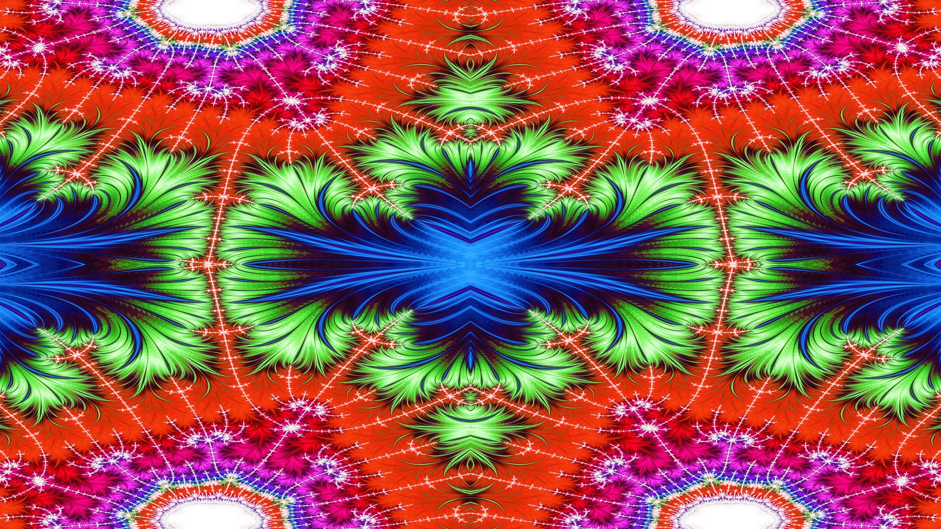 Vibrant trippy psychedelic fractal wallpaper — symmetrical 4K Ultra HD PC background with red, green and blue abstract floral-like patterns and kaleidoscopic aesthetic.