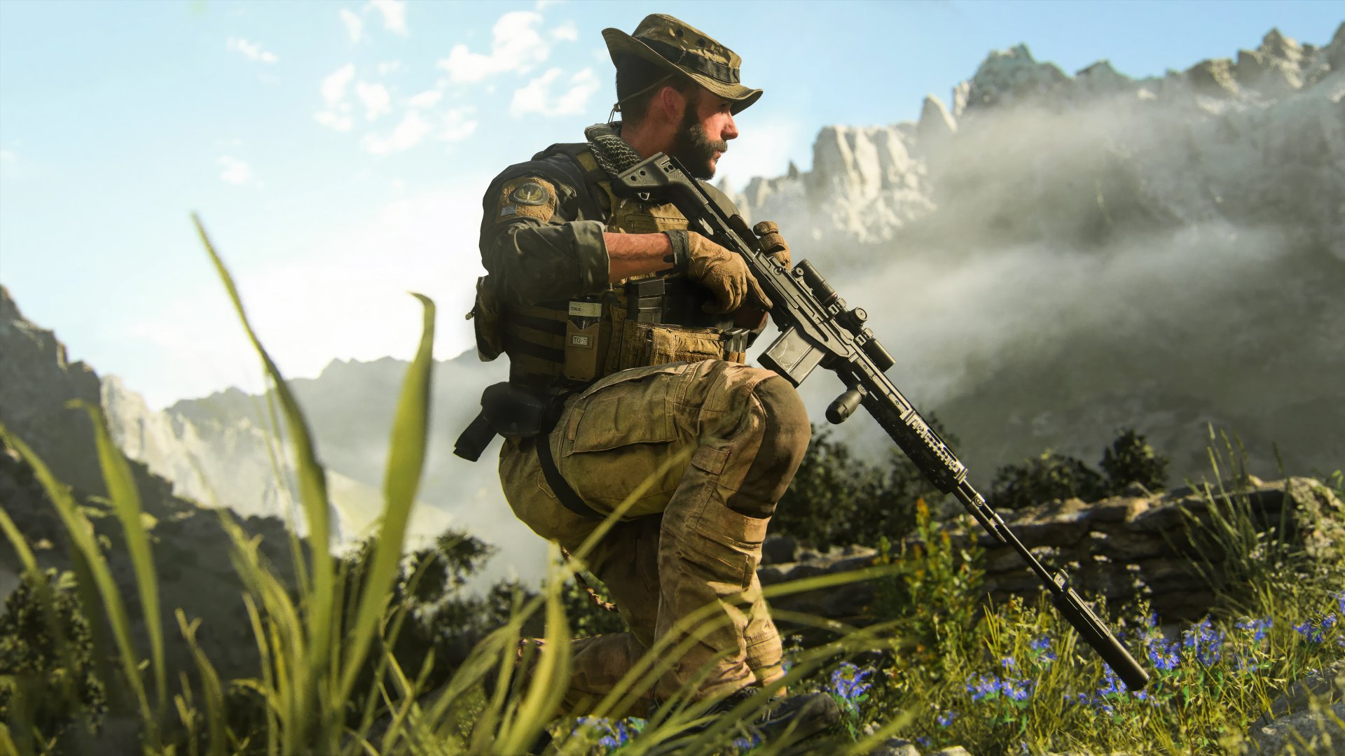 HD desktop wallpaper featuring John Price from Call of Duty: Modern Warfare III set in a mountainous terrain with atmospheric mist.