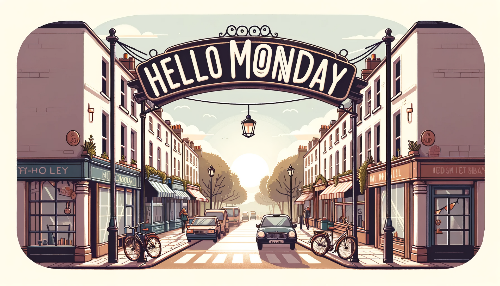 HD desktop wallpaper featuring a charming street with Hello Monday archway, vintage cars, and quaint shops, creating an inviting scene to start the week.