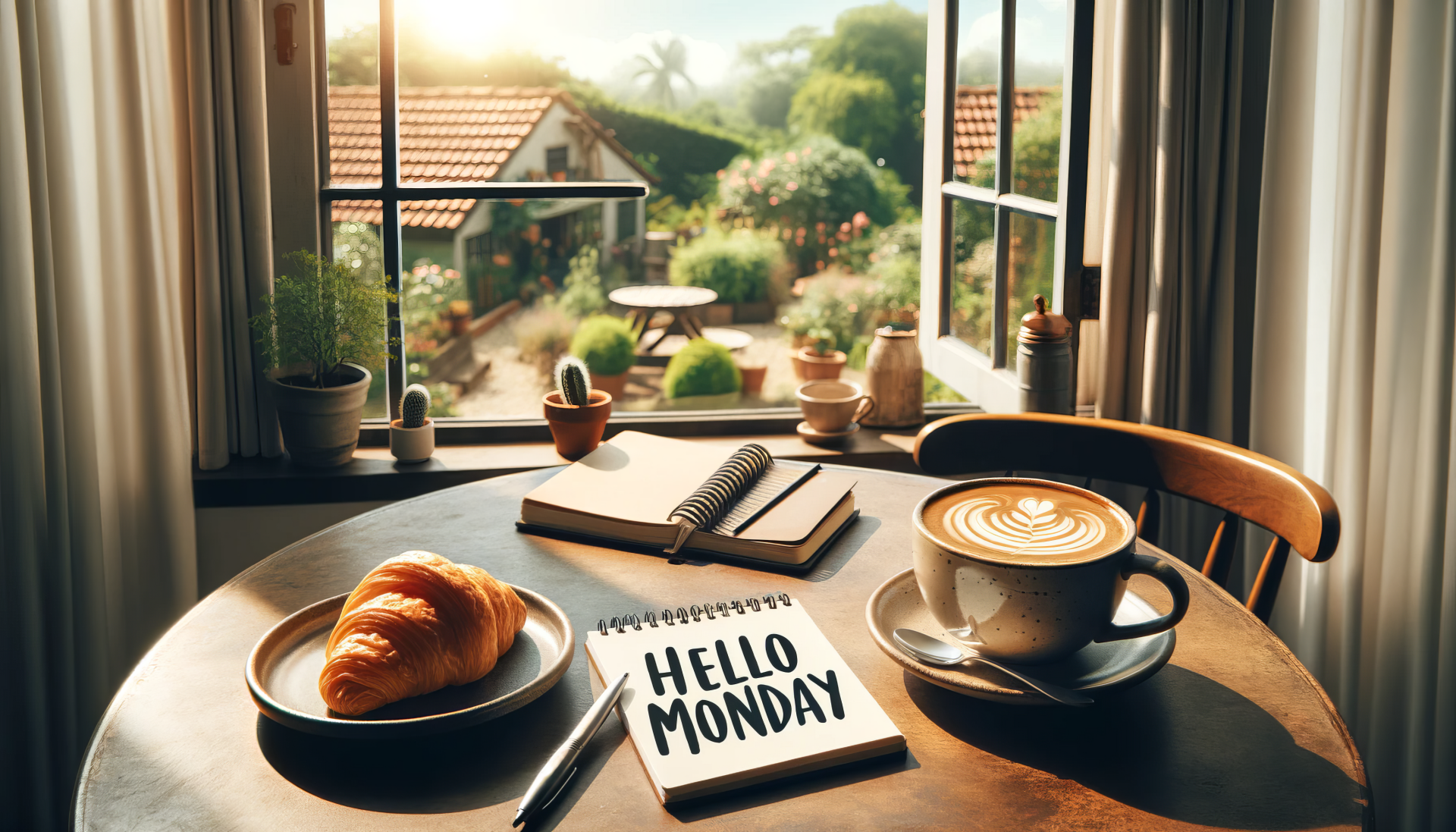 HD desktop wallpaper of a cozy breakfast scene with a croissant, coffee, and a notebook with Hello Monday written on it, set by an open window overlooking a sunny garden.