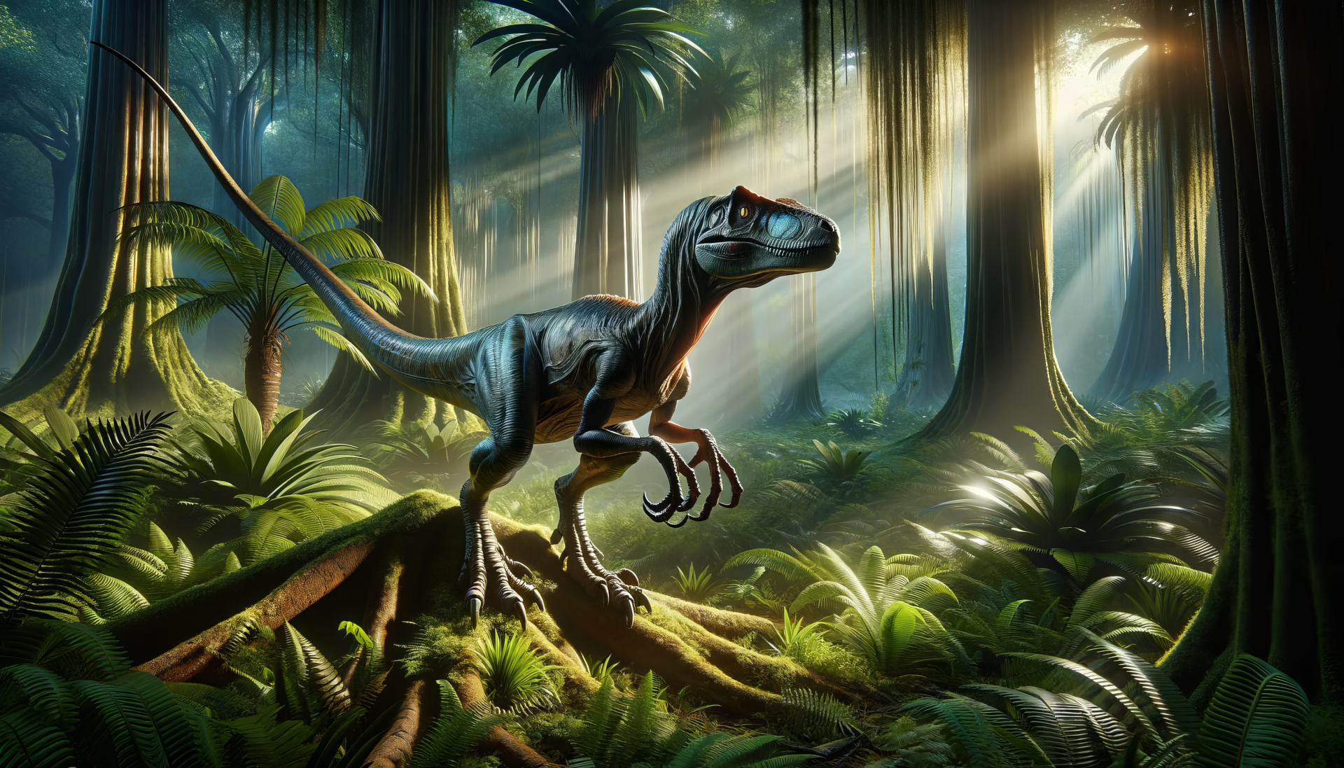 HD desktop wallpaper of a realistic velociraptor standing in a lush prehistoric forest with sunbeams filtering through the trees.