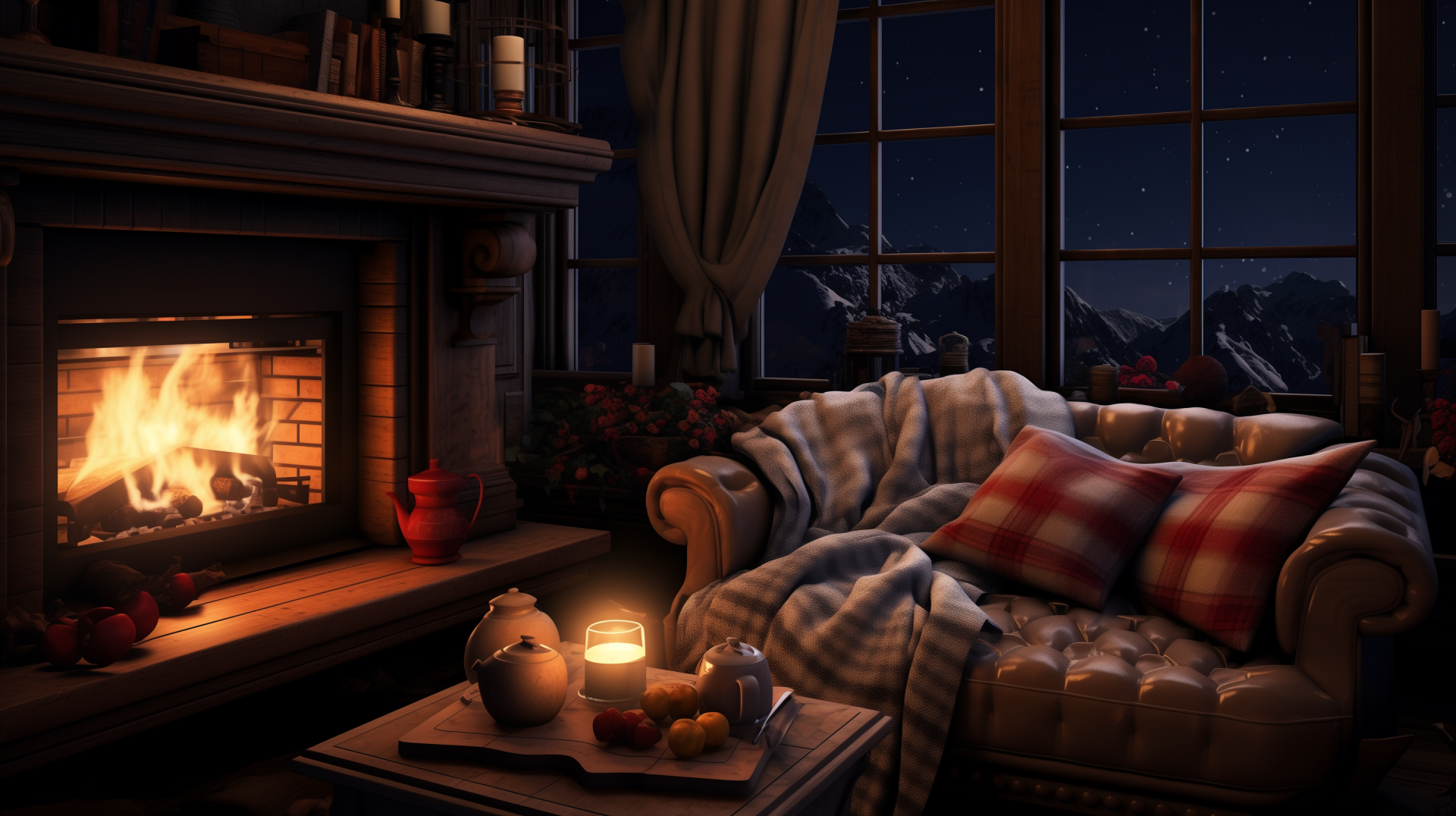 Cozy fireplace in a mountain cabin with a plush sofa and night sky view HD desktop wallpaper.