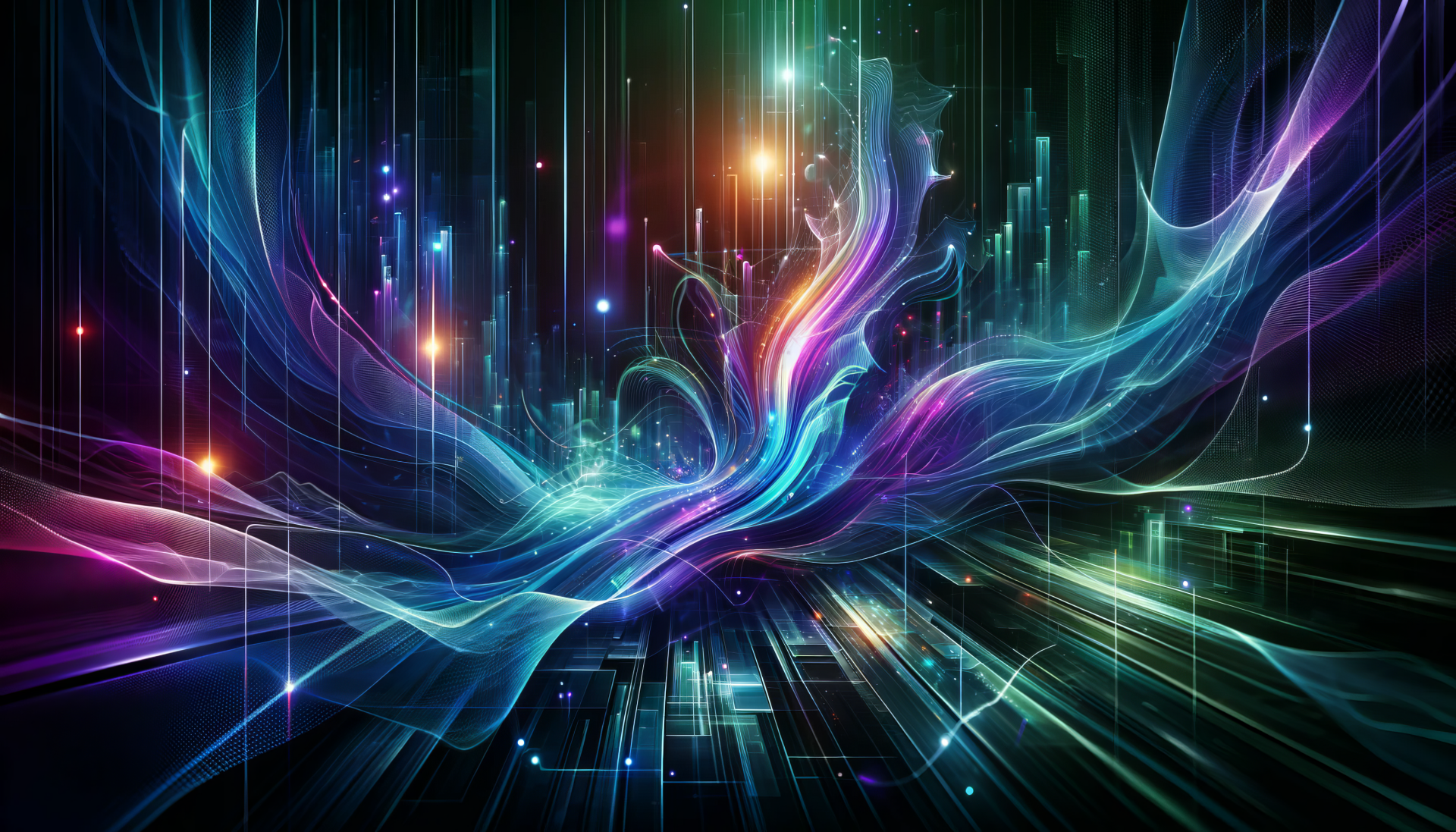 Abstract HD wallpaper with colorful digital art waves and neon lines on a dark background.