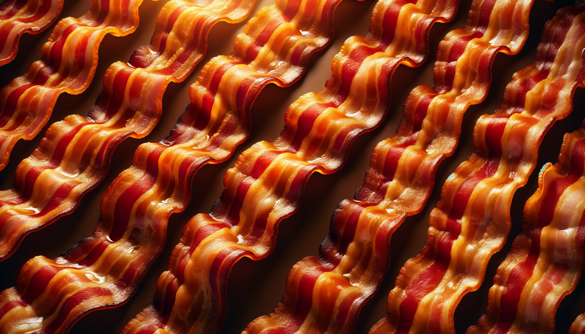 A vibrant HD desktop wallpaper featuring a close-up view of perfectly cooked bacon strips, showcasing their rich colors and wavy texture. A delicious addition to any food lover's background.