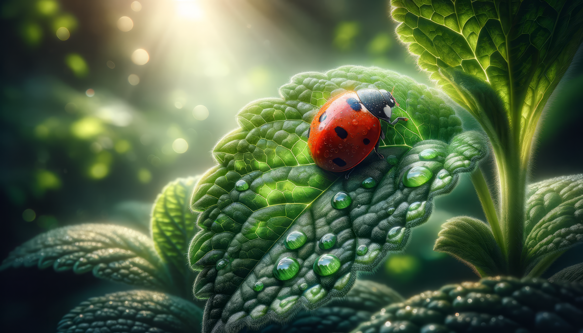 A vibrant ladybug resting on a green leaf adorned with water droplets, illuminated by soft sunlight, creates a serene and captivating HD desktop wallpaper.