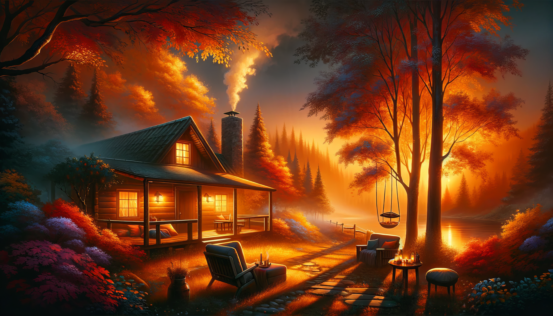 Enchanting autumn scenery HD wallpaper featuring a cozy cottage with lit windows amidst vibrant fall foliage and a warm sunset glow.