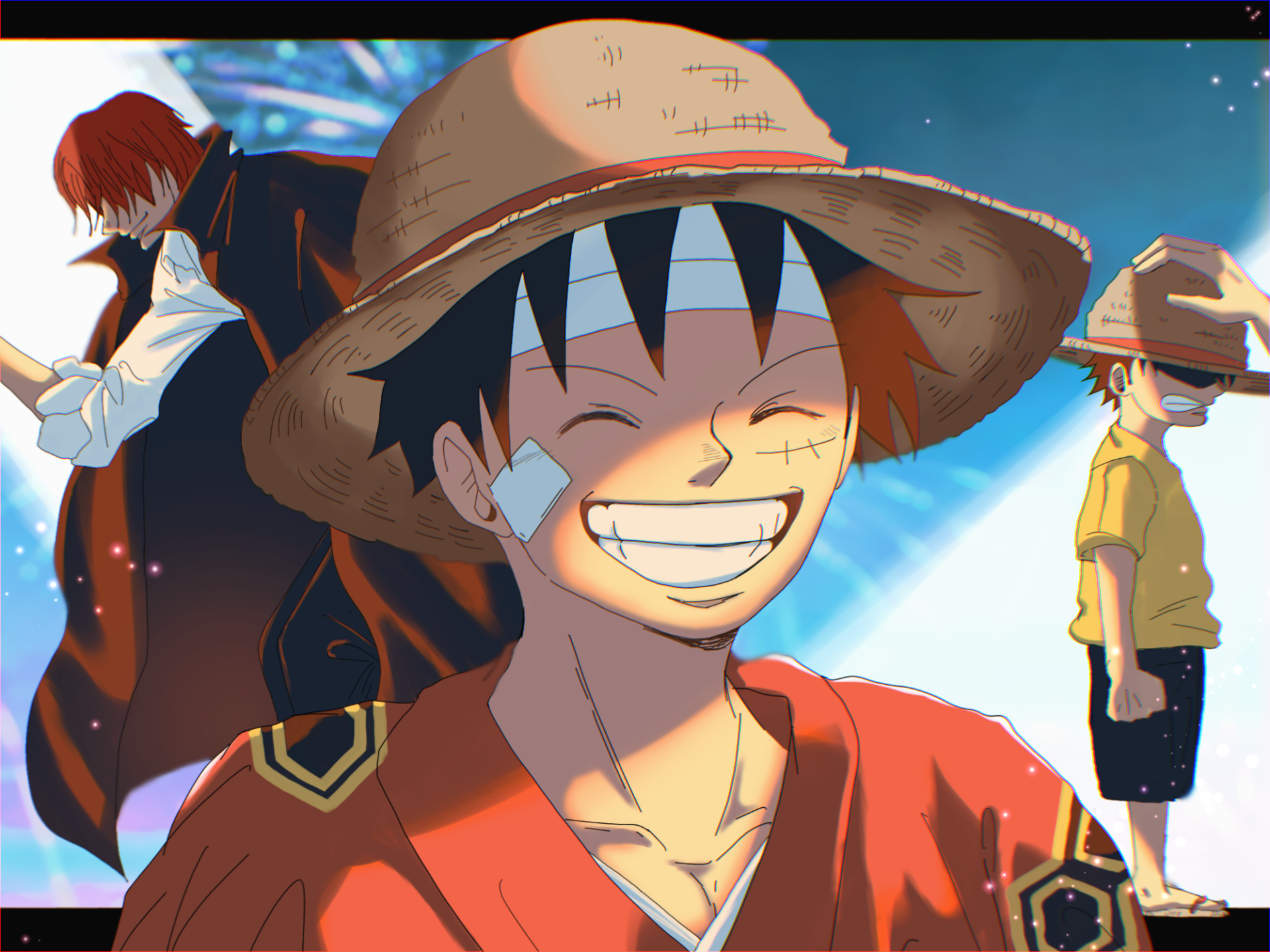 HD anime wallpaper featuring Monkey D. Luffy wearing his signature straw hat, smiling brightly, with Shanks in the background from One Piece.