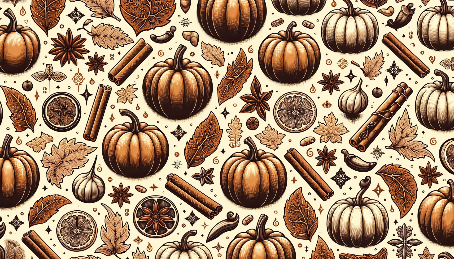 HD desktop wallpaper featuring a pumpkin spice theme with various pumpkins, cinnamon sticks, and autumn leaves in a detailed pattern.