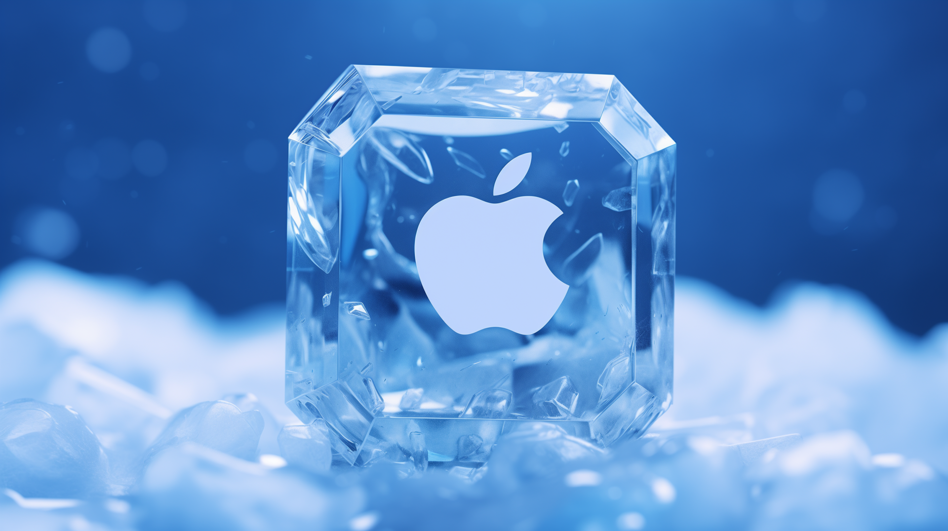 A stunning HD desktop wallpaper featuring the Apple Inc. logo embedded in a crystal-like design, set against a soft blue background with abstract ice elements.