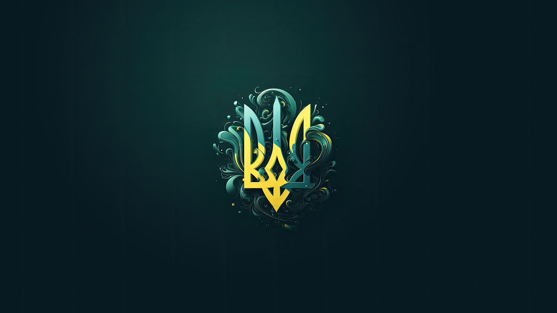 8K Ultra HD PC wallpaper featuring a stylized golden Ukrainian trident emblem with decorative blue and yellow accents on a dark background.