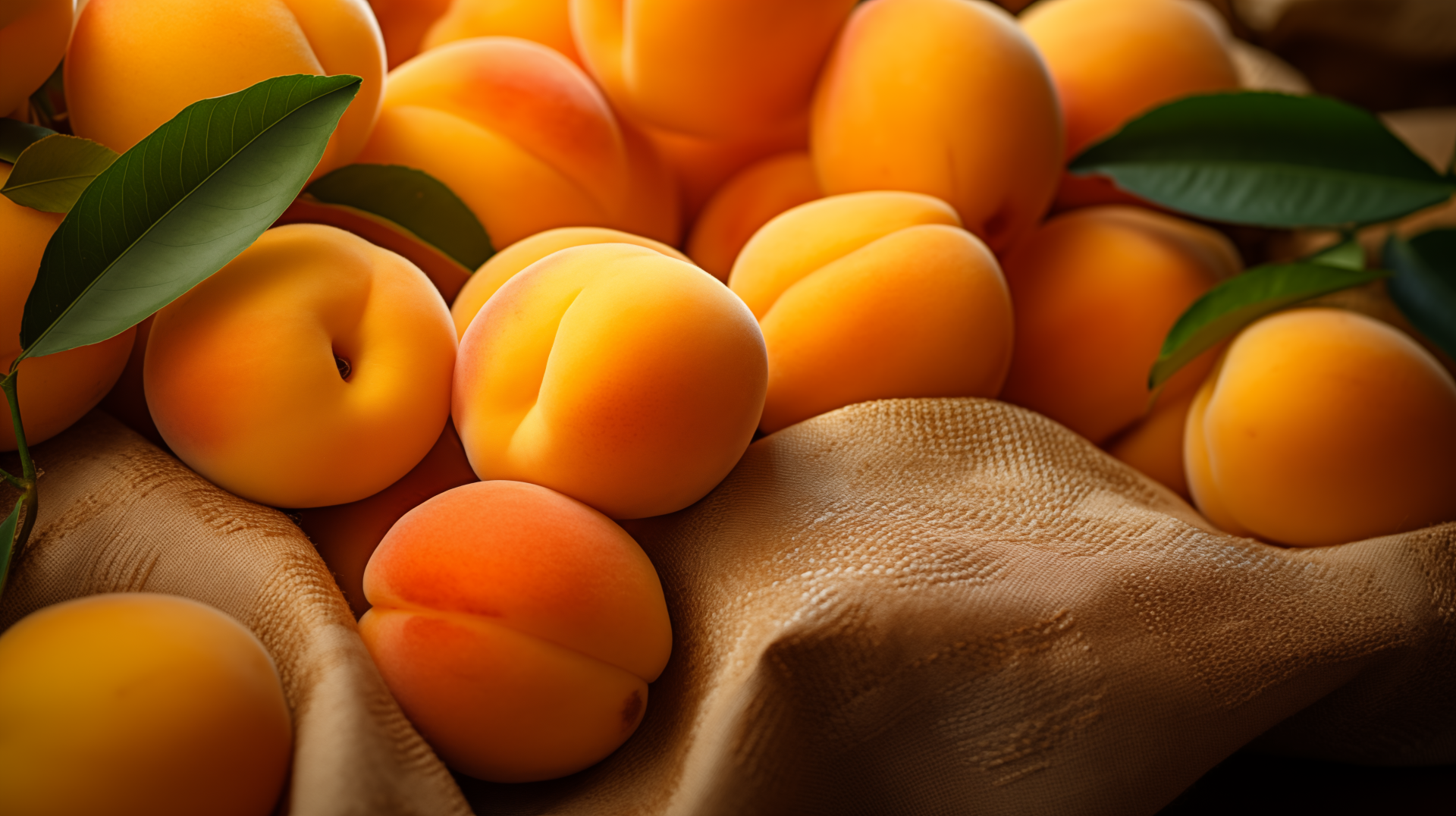 A close-up of ripe apricots nestled on a textured fabric background, showcasing their vibrant orange hues and soft, smooth skin. A visually appealing food-themed HD desktop wallpaper.