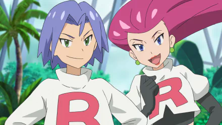 HD wallpaper of Jessie and James from Team Rocket in Pokémon Ultimate Journeys: The Series posing with confident smiles.