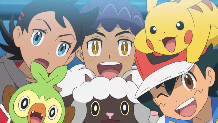 HD wallpaper featuring characters and Pokémon from Pokémon Ultimate Journeys: The Series, including Ash, Goh, Pikachu, and other Pokémon companions, with a vibrant animation style.