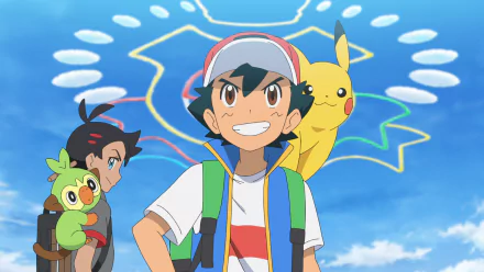 HD desktop wallpaper featuring the characters Ash, Pikachu, and Grookey from Pokémon Ultimate Journeys: The Series against a blue sky background.