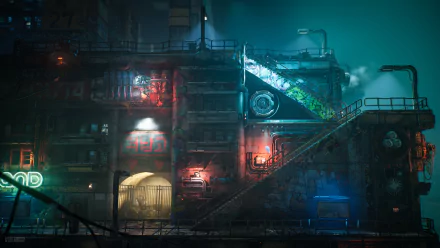 A vibrant 4K Ultra HD wallpaper from the video game The Ascent, showcasing a neon-lit industrial scene with a stairway and atmospheric lighting.