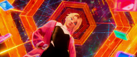 HD PC desktop wallpaper from the movie Spider-Man: Across the Spider-Verse featuring a character with blonde hair against a vibrant, futuristic hexagonal background.
