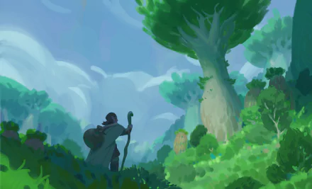 HD desktop wallpaper featuring an adventurous scene with a silhouette of a traveler carrying a backpack and walking stick in a lush green forest under a bright sky.