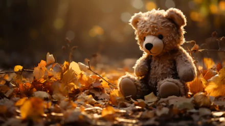HD desktop wallpaper featuring a fluffy teddy bear sitting amidst autumn leaves with a warm, golden sunlight background.