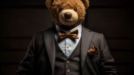 Elegant teddy bear in suit HD wallpaper, sophisticated stuffed animal with bow tie desktop background.