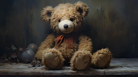 HD wallpaper featuring a cute teddy bear stuffed animal with a bow sitting on a wooden surface against a dark textured backdrop.
