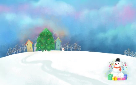 HD PC desktop wallpaper featuring a snowy Christmas scene with a decorated tree, colorful houses, and a cheerful snowman surrounded by gifts under a cloudy winter sky.