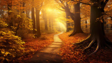 HD Wallpaper of a scenic autumn path through a sunlit forest with golden fall leaves