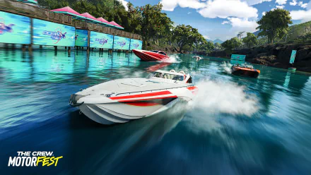Speedboats racing on a turquoise waterway with tropical scenery in The Crew Motorfest HD desktop wallpaper.