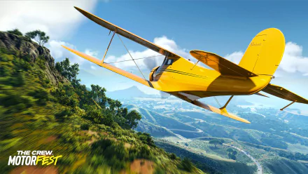 A vibrant HD wallpaper from The Crew Motorfest, featuring a yellow airplane soaring over lush green landscapes and mountains, showcasing the thrill of aerial exploration in the game.