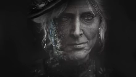A haunting HD desktop wallpaper featuring a character from the video game Lies Of P, showcasing a somber expression with a partially decayed visage and dark, atmospheric tones.