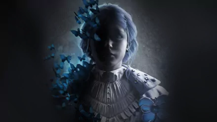 A captivating HD desktop wallpaper from the video game Lies Of P, featuring a mysterious figure partially obscured by blue butterflies against a dark background.