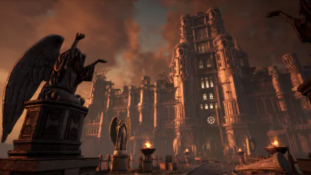 High-definition desktop wallpaper of a scene from Lies Of P video game, featuring gothic architecture and statues with a dramatic sky backdrop.