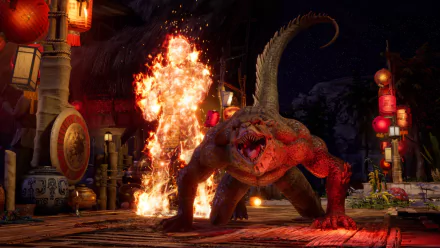 A high-definition desktop wallpaper featuring characters from Mortal Kombat 1, showcasing a fierce creature alongside a fiery backdrop, creating an intense gaming atmosphere.