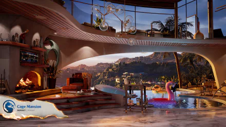HD desktop wallpaper featuring the luxurious Cage Mansion from Mortal Kombat, showcasing an indoor pool with a stunning mountain view at sunset.