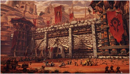 HD desktop wallpaper of Orgrimmar from the World of Warcraft video game, featuring the city's entrance and Horde banners in a detailed background.