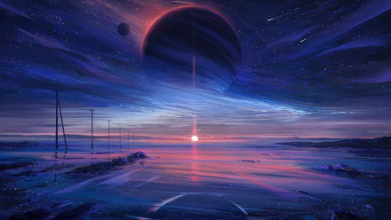 Artistic 4K Ultra HD desktop wallpaper featuring a surreal sunset with a large planet and vibrant cosmic sky over a reflective landscape.