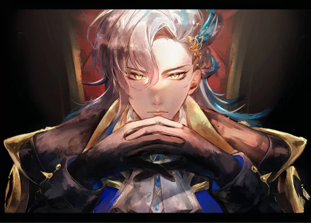 HD wallpaper featuring Neuvillette from Genshin Impact, with a thoughtful expression and intricate apparel.