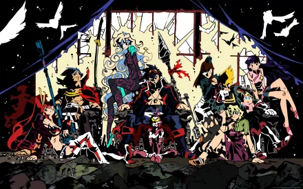 HD PC desktop wallpaper featuring anime characters from Tengen Toppa Gurren Lagann in a dynamic, stylized group pose with bold colors and dramatic lighting.