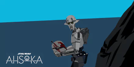 HD PC desktop wallpaper from Star Wars Ahsoka (2023) featuring the droid Huyang in a sci-fi setting with a blue and dark background.