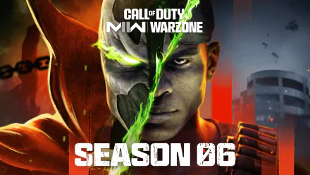 HD desktop wallpaper of Call of Duty: Warzone 2.0 Season 06 featuring a dramatic split-face character design with a glowing green fissure.