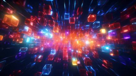Vibrant HD wallpaper featuring an abstract light explosion with glowing neon cubes for desktop background.